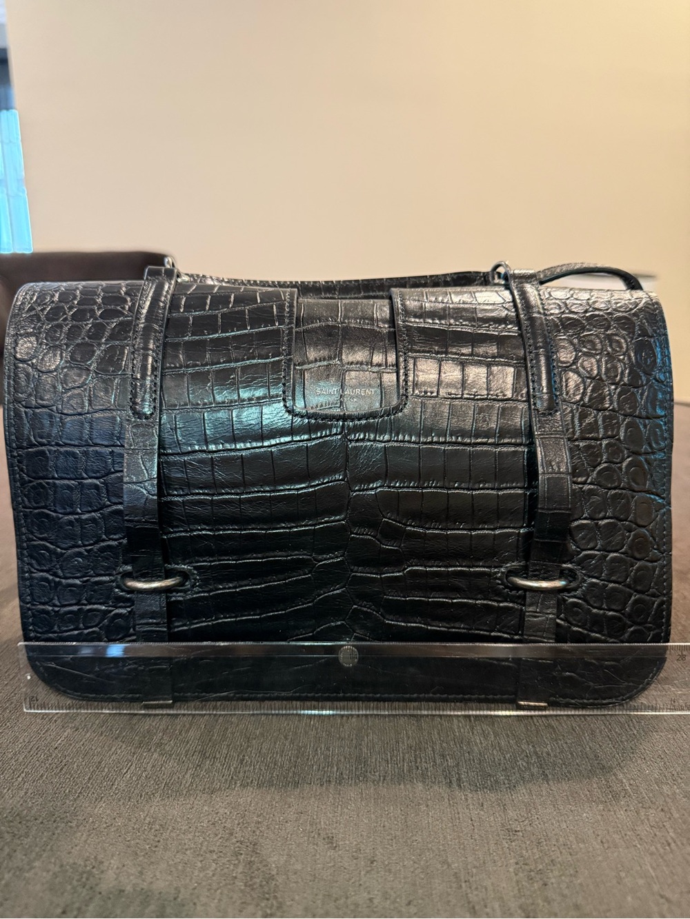 Saint Laurent Black Croc-Embossed Messenger Bag with Strap